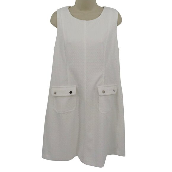 Tommy Hilfiger Women 14 White Houndstooth Sleeveless Sheath Dress Pockets Silver - Picture 1 of 13